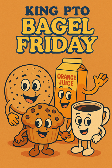 Bagel Friday flyer with cartoon bagel, orange juice, muffin and coffee